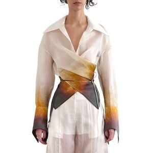 Grace Ling Rust Edge Silk Organza Wrap Shirt Ivory Rust $1,765 Artist Minimal
